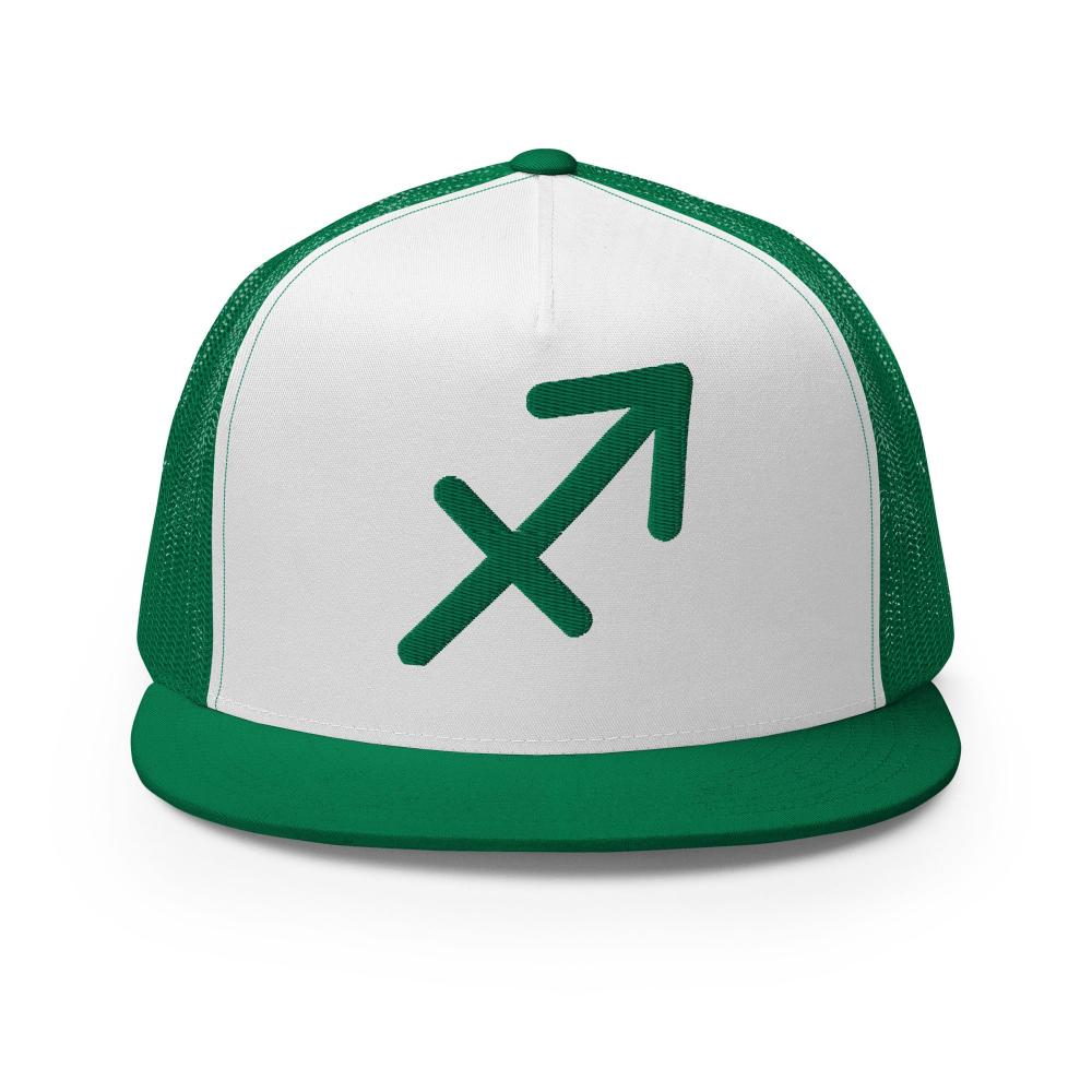 Sagittarius Zodiac Embroidered Flat Bill Trucker Hat - Green/White/Green Color - https://ascensionemporium.net